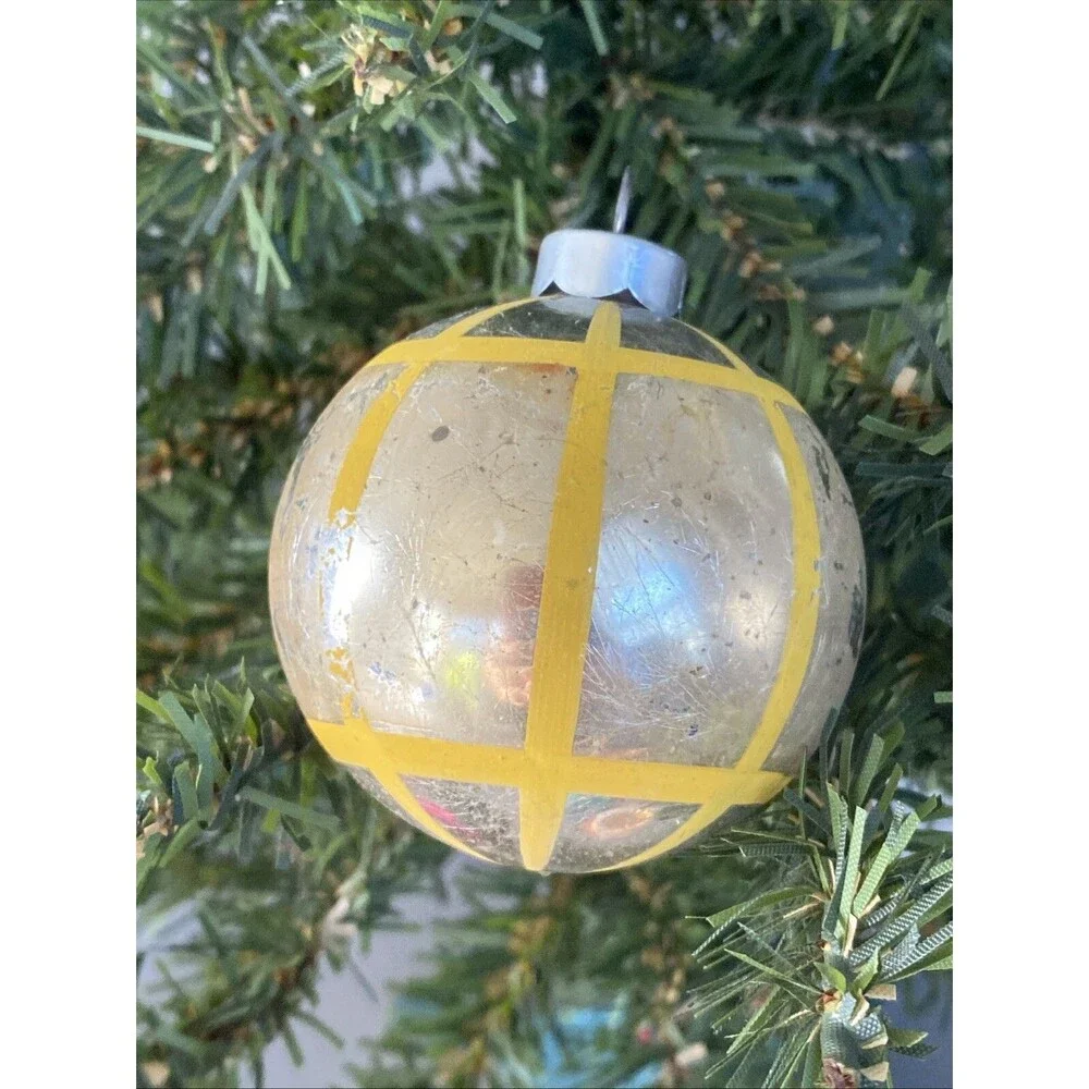 Vintage Glass Christmas Ornament Silver Ball Geometric Yellow Stripes Holiday